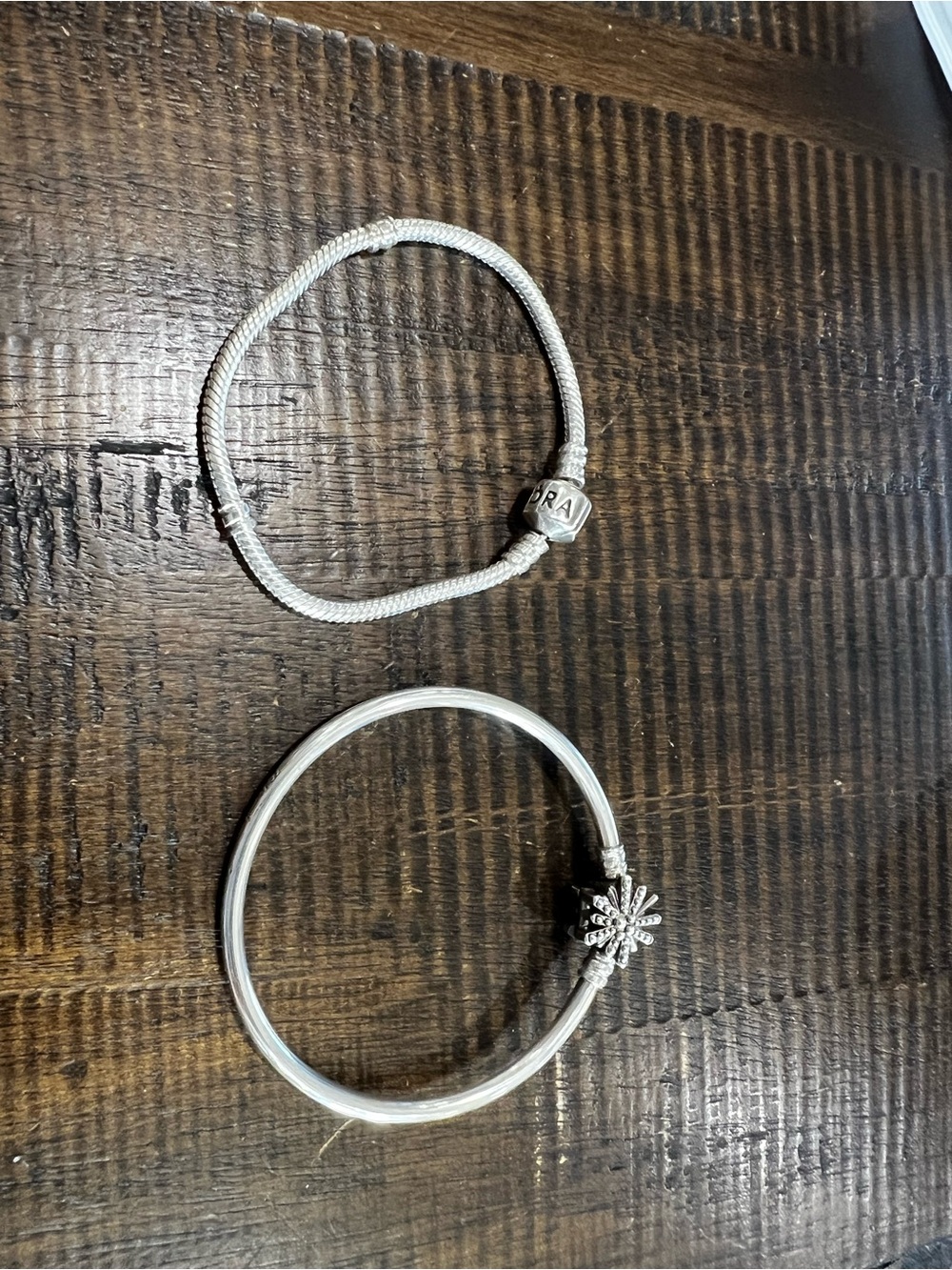 Pandora White Cord Bracelet with Silver Bangle and Snowflake Charm